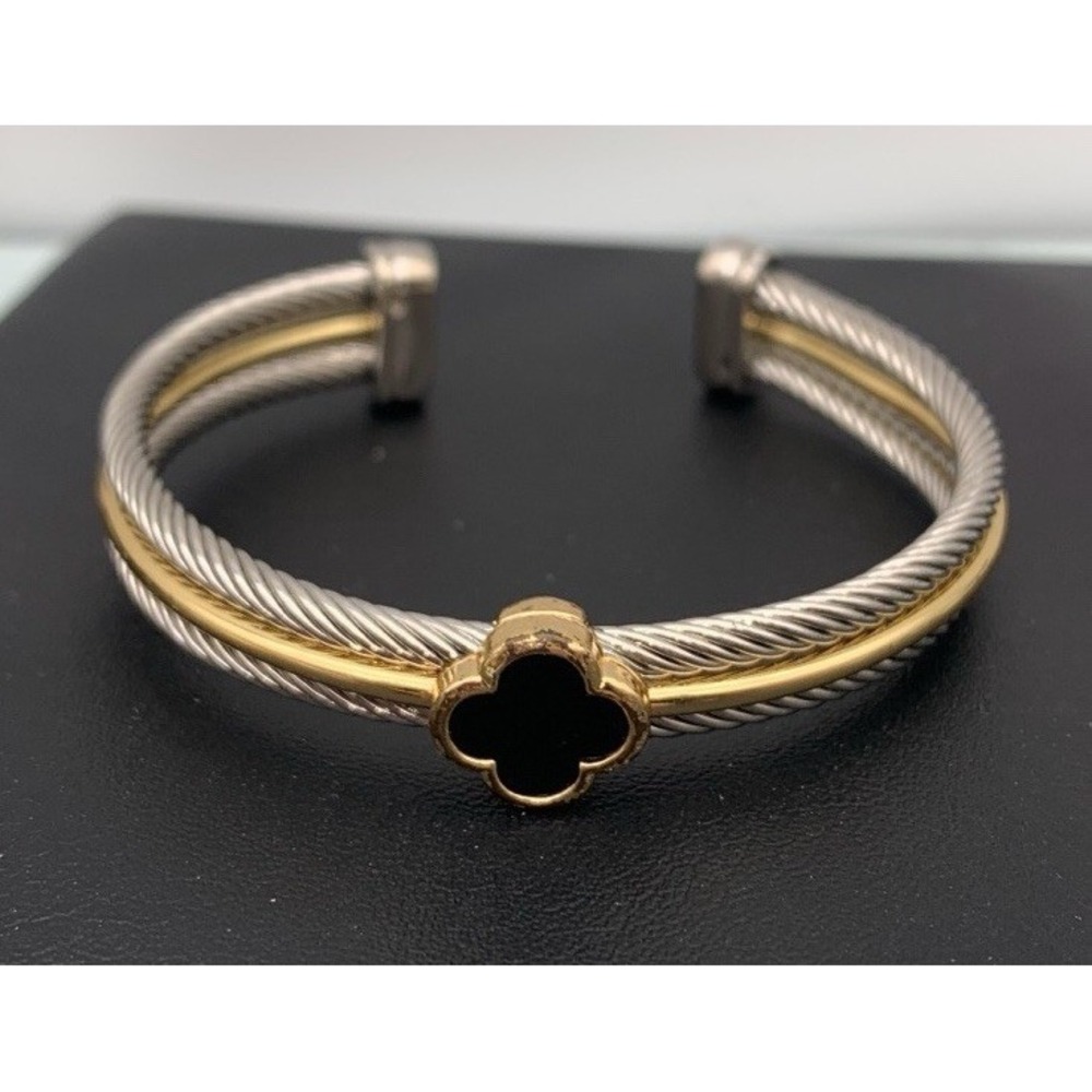 Gold & Silver Tone 2 Tone Twisted Cuff Black Onyx Clover Cuff Bracelet